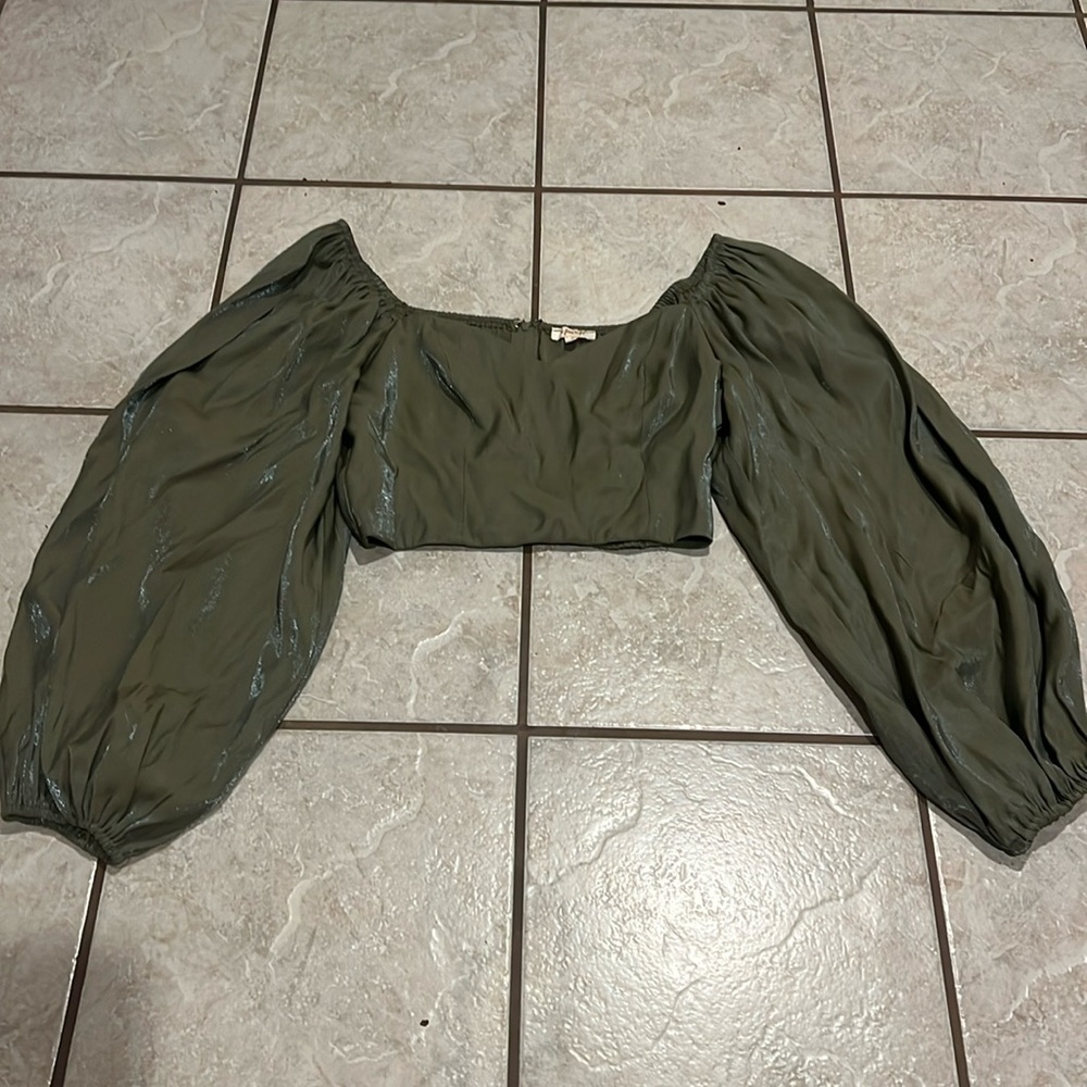 A Peach Army Green Iridescent Long Sleeve On or Off Shoulder Crop Top